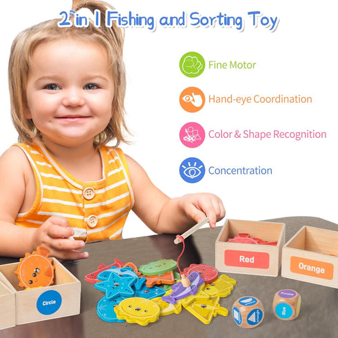 1-3,Wooden 3-5,Preschool Montessori Fishing Game for Toddler Magnetic Fishing Game,Early Educational-Shape & Color