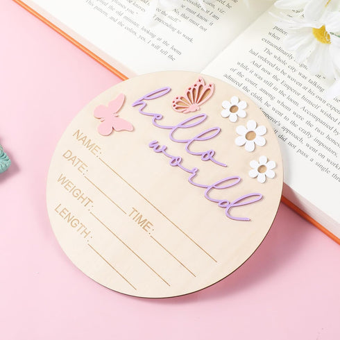Ajcotahm 5.9 Inch Hello World Newborn Sign, Wooden Baby Announcement Sign Pink Butterfly Style Birth Welcome Board