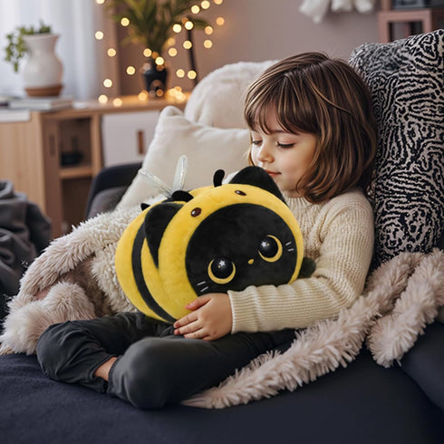 (16 Inch) Mewaii Cute Black Cat Bee Plush Pillow, Kawaii Plushies Bee Stuffed Animal Toy, Kitten Plushies with Honeybee