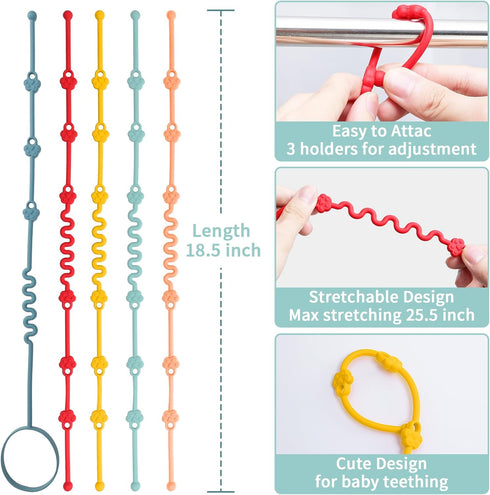 BPA Free Silicone Toy Straps for Baby - Safety Straps for Stroller & High Chair (Red, Yellow, Orange)