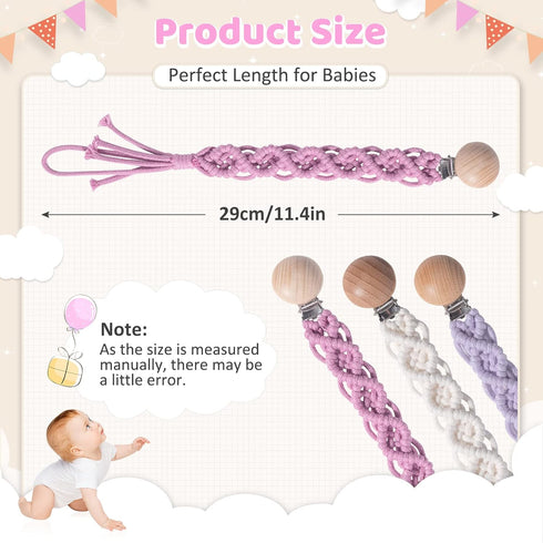 Boho Pacifier Clip for Boys Girls Pacifier Holder Leash Wooden Clips Handmade Braided Cotton Unisex Baby Shower