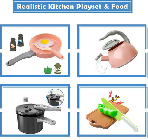 Bruvoalon 67Pcs Kids Play Kitchen Toys Set, Pretend Cooking Playset with Pots, Pans, Utensils, Foods, Learning Gift for