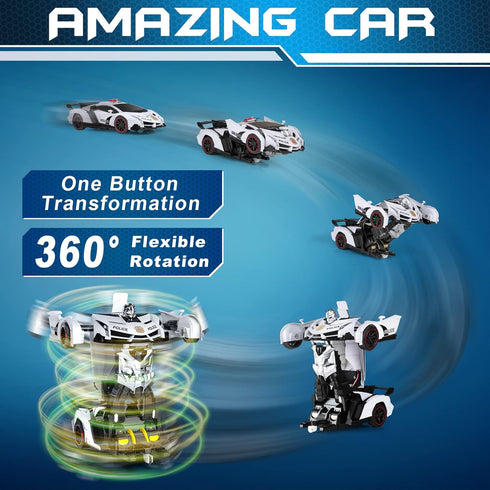 FDJ Remote Control Car, Transforming Car Robot with Flashing Light, 1:18 Scale, 360 Degree Drifting