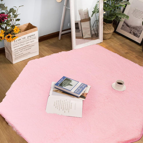 WERSHOW 55" Hexagon Coral Rug - Ultra Soft Carpet for Princess Castle Playhouse Bedroom Length Girls Anti-Slip Bottom