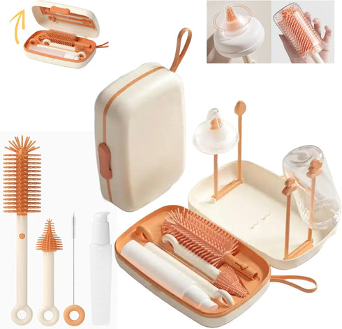 Travel Bottle Cleaner Kit, 7 in 1 Baby Travel Essential Silicone Brush Set, Nipple, Drying Rack, Straw, Organizer Case