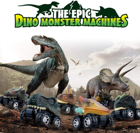 DINOBROS Dinosaur Toy Pull Back Cars 6 Pack for Boys Age 3-7, Dino T-Rex Games