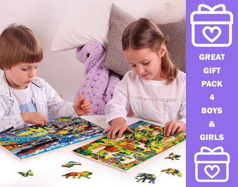 QUOKKA Wooden Kids Puzzles Ages 4-6 - 4 x 60 Piece Puzzles for Kids Ages 4-8, Cars, Ships, and Animals