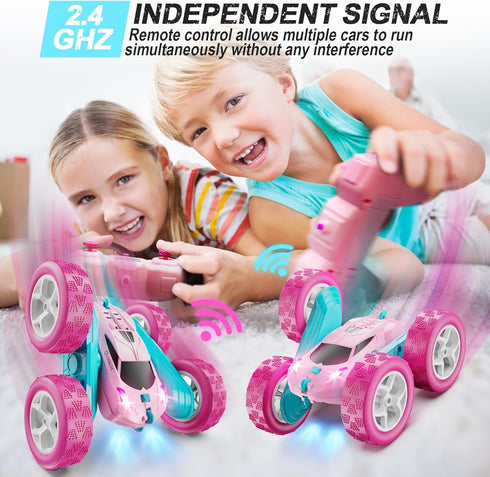 2.4 360 6 7 8 9 10 11 12 QUNREDA RC Cars, Pink Remote Control Car for Girls, GHZ Double Sided RC Stunt Car Rotating