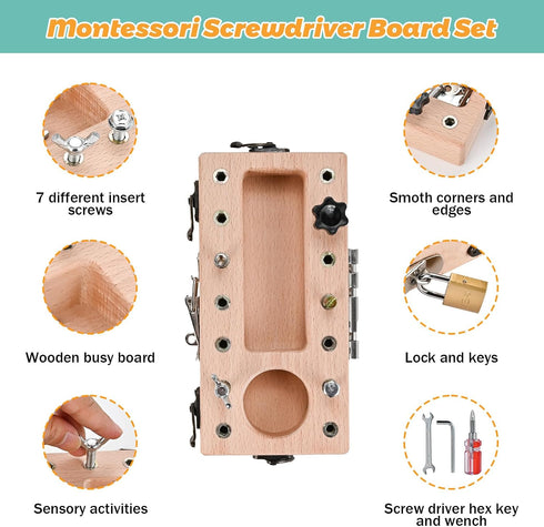 Set 3 4 5 Montessori Screwdriver Board with Lock and Key, Montessori Toys for Year Old, Wooden Screw Driver Activities