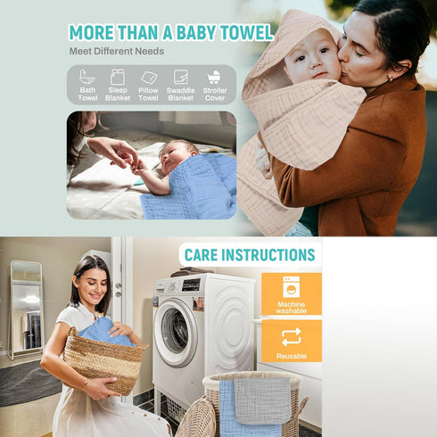 MIGIOL 100% 32x32Inch 2 Hooded Baby Bath Towels Muslin Cotton Baby Bath Towel for Infant, Toddler and Kids,Soft