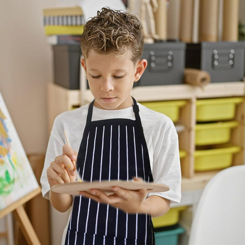 Kids Apron 2 Pack, Adjustable Strap with Pockets for Cooking, Art, Baking, Black Stripes