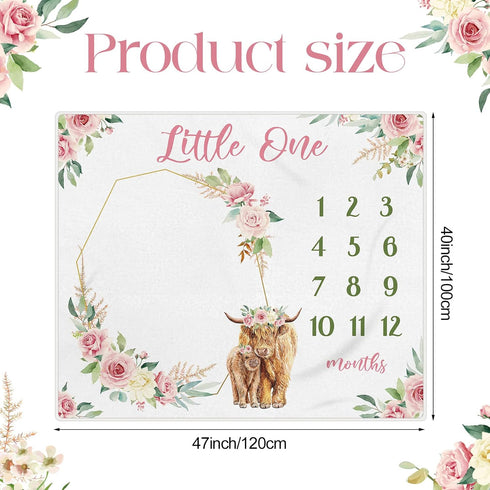 Mixweer Baby Monthly Milestone Blanket for Girl Boy 47" x 40'' Baby Cow Milestone Blankets Soft Fleece Photography Background Newborn Growth Chart with Bow Headband and Felt Circle(Pink) by Mixweer