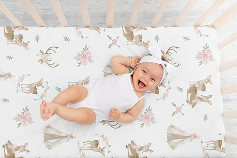 Sweet Jojo Designs Blush Pink, Mint Green and White Boho Baby or Toddler Fitted Crib Sheet for Woodland Deer Floral
