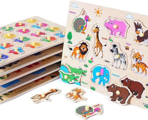 6 Pack Set 3 4 5 GRINNNIE Wooden Peg Puzzle for Toddlers, Toddler Puzzles for Years Old (Alphabet Number Shape Animal