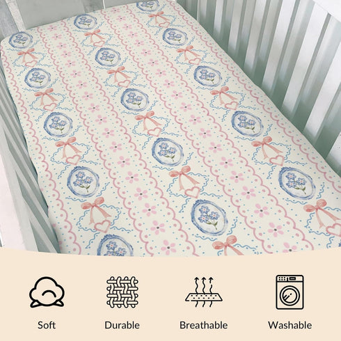 Cstdyfrv 28"x52" Boho Floral Pink Bows Baby Boys Girls Crib Sheets Vintage Flowers Love Heart Baby Sheet Cute Bows
