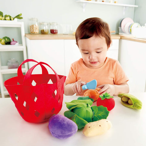Hape Toddler Vegetable Basket, Soft Grocery Food Playset with Cabbage, Bean Pod, Carrot, and More