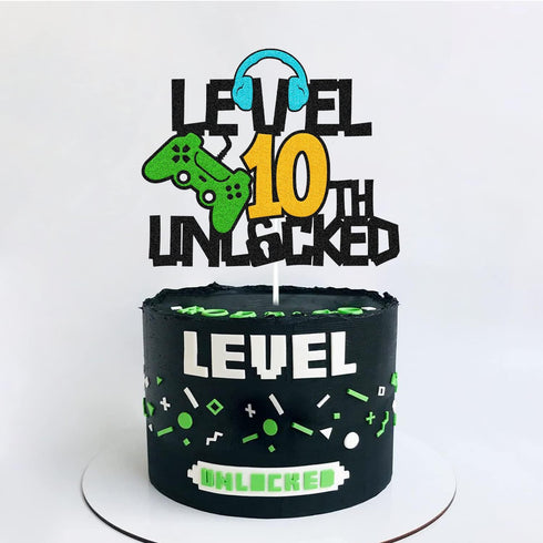 Level 10th Unlocked Cake Topper, Happy 10th Birthday Decoration, Video Game Controller Theme Supplies