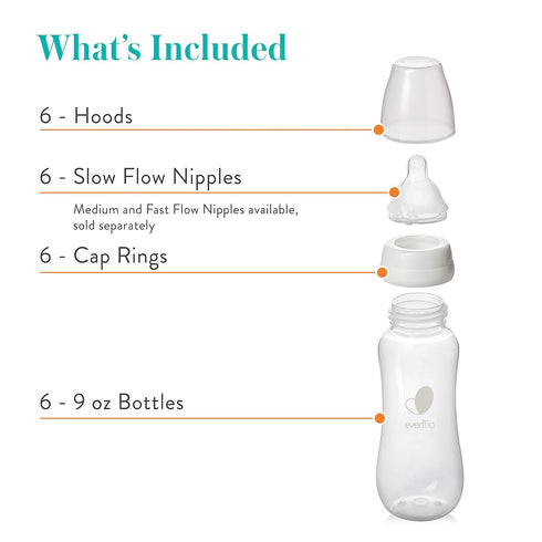 9 (Pack 6) Evenflo Feeding Premium Proflo Venting Balance Plus Standard Neck Baby, Newborn and Infant Bottles