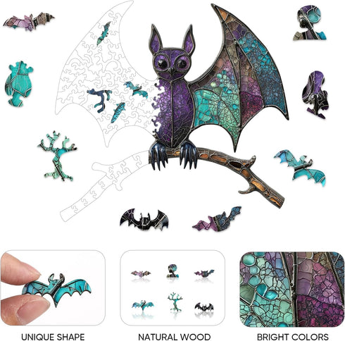 Games,300 13.2 12.5Inch Wooden Puzzles for Adults, Stained Glass Bat Puzzles Animal Wooden Puzzles, Unique Irregular