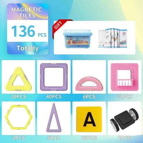 Magnetic Tiles Building Blocks Toys for Kids, 136 Pieces 3D Creative Set