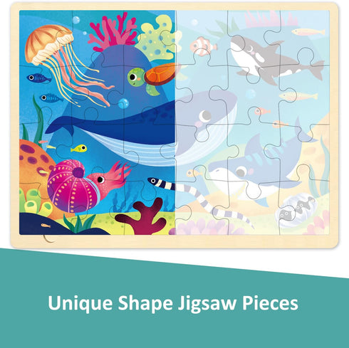 24 Piece Puzzles for Kids Ages 3-5, Unique Shape Jigsaw Pieces Ocean Animal, Wooden Jigsaw Puzzle for 3 4 5 Year Old, Preschool Toddler Puzzle with Storage Tray