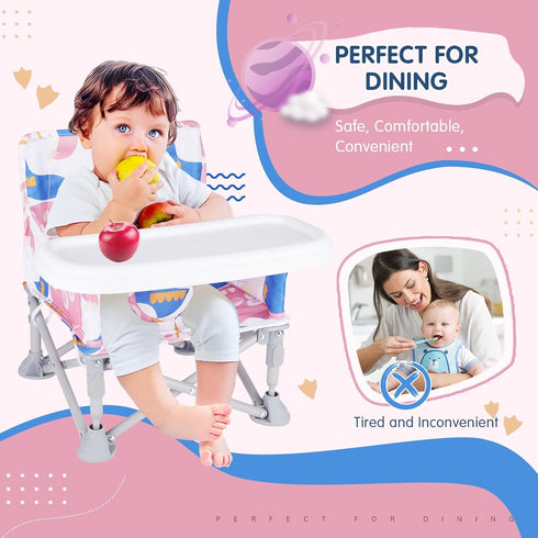 6 3 CH2408 Portable Baby Booster Seat with Tray, Toddler Booster seat for Dining, Camping, Travel, Baby Beach Chair