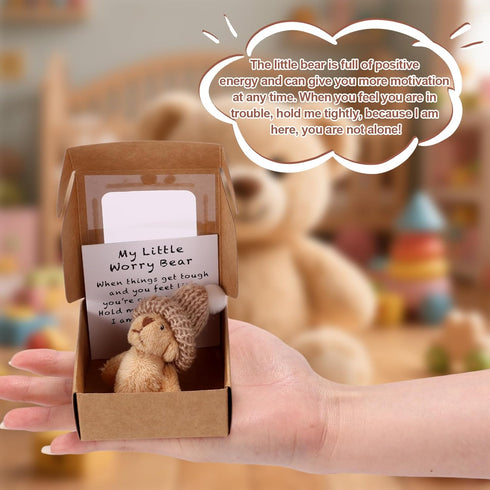 TOYMIS 1 Set Mini Plush Worry Bear with A Hat, Handmade Positive Small Plush Bear in A Box with Encouragement Little
