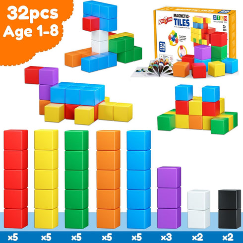 32 PCS Magnetic Blocks for Toddlers Age 3-5, STEM Educational Cubes, Christmas Birthday Gifts for Kids