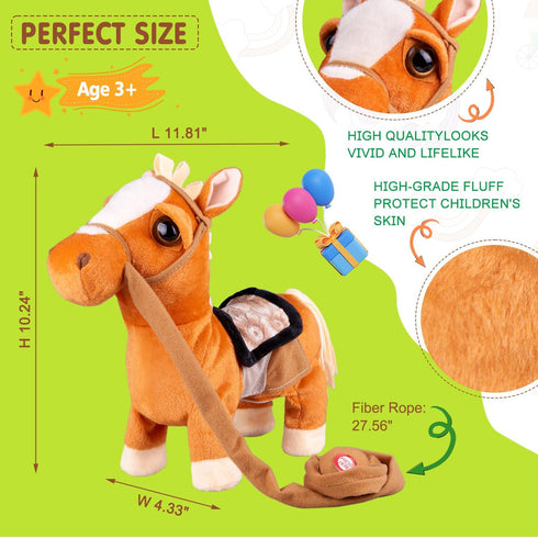 HCdoujoy Brown Walking Pony for Kids Plush Interactive Singing Dancing Musical Realistic Pet, Stuffed Animal Shaking