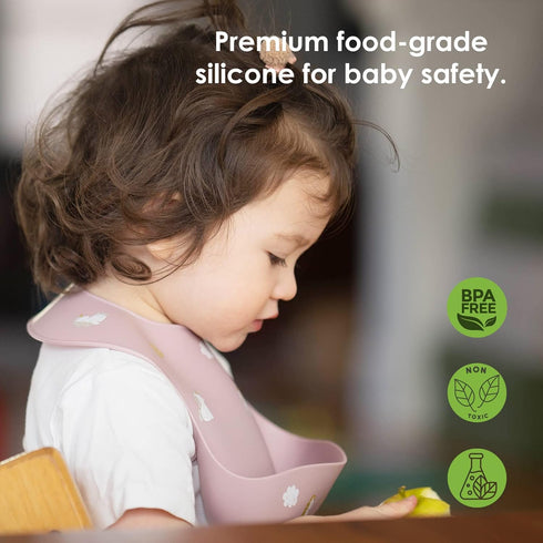 ROCCED 2 Sets Baby Silicone Bibs - Soft Adjustable Waterproof Bibs with Food Catcher for Toddlers (Soft Pink/Pale Mauve)