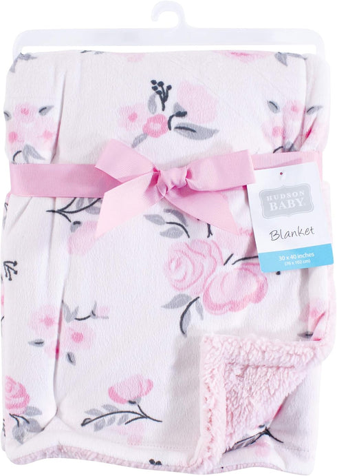 Hudson Baby Unisex Plush Mink & Sherpa Blanket - Pink Floral