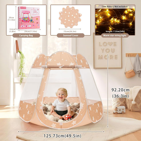 1 2 3 12-18 Crayline Pop Up Princess Tent with Star Light, Toys for Year Old Girl Birthday Gift, Ball Pit for Months