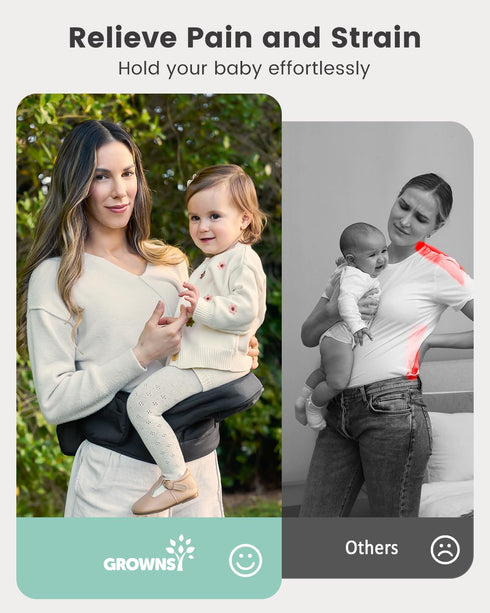 (0-50 lbs), Grownsy Ultra-Comfy Baby Carrier with Hip Seat, Enhanced Safety, Hands-Free Support for Newborn to Toddler