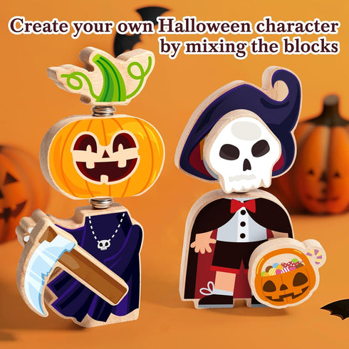 HUZU Halloween Snap Together Dress Up Building Blocks, Witch Vampire Skeleton Pumpkin Characters, STEM Gift for Kids