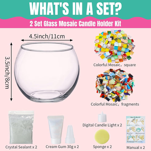 Sunnychicc 2 Set Glass Mosaic Candle Holder Kit Include Tea Light Holder, Glass Mosaic Tiles DIY Crafts Creativity
