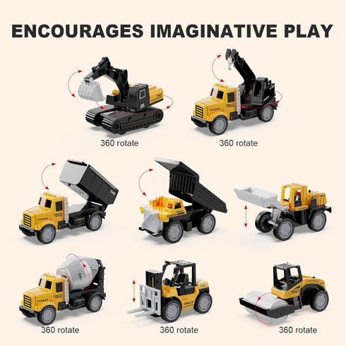 Alloy Mini Construction Vehicles, 8Pcs Die-cast Set, Excavators, Mixer Truck, Bulldozers, Pull Back Toys for Kids