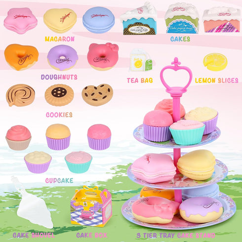 Set 3-5,53PCS Set 3-6 Tea Party for Toddles Musical Kids Tea for Little Girls with Dessert,Cookies,Doughnut,Cake,Cake
