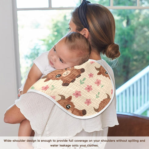 FUQIUMI 4 22"x 11" Highland Cow Animal Floral Print Muslin Burp Cloths for Babies,Soft Cotton Layer Burping Cloths