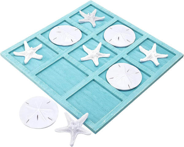 Sumind Tic Tac Toe Game - Beach House Decor Wood Coastal Board Game for Home Beach Starfish Decor (Blue)
