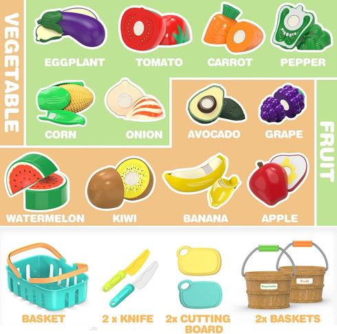 Sorting Play Food Sets - 2 Buckets with Handle, 1 Storage Basket, Fruit & Vegetable Cutting Toy for Preschool Learning