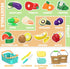 Sorting Play Food Sets - 2 Buckets with Handle, 1 Storage Basket, Fruit & Vegetable Cutting Toy for Preschool Learning