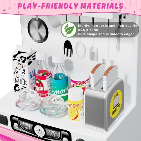 57 PCS Kitchen Playset for Girls - 5-in-1 Toddler Mini Kitchen with Realistic Lights & Sounds, Pink