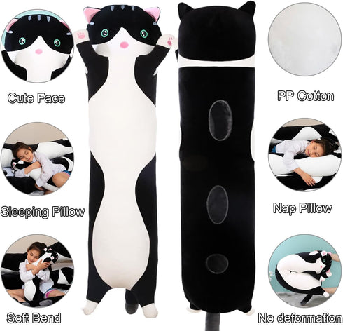 110cm/43.3inch) Giant Cat Pillow Plush Cartoon Kitty Sleeping Hugging Pillow, Cuddly Soft Long Kitten Body Pillow Doll