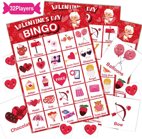 Valentine's Day Bingo Game Card for Kids/Adults - 32 Players, Perfect for Family/School Classroom