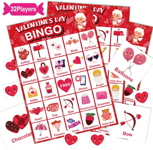 Valentine's Day Bingo Game Card for Kids/Adults - 32 Players, Perfect for Family/School Classroom