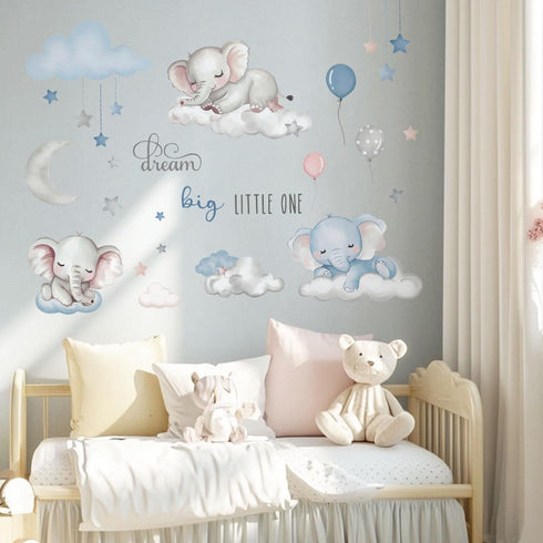 Quinspir Dream Big Little One Elephant Wall Stickers,Dreamy Moon Stars Balloons Cloud Decor for Kids Room, Nursery
