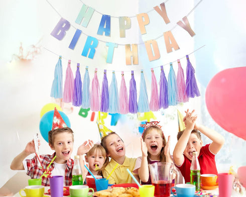 YAKRUNA Silver Holographic Happy Birthday Banner, Iridescent Party Supplies with 15PCS Rainbow Tassel Paper Garlands