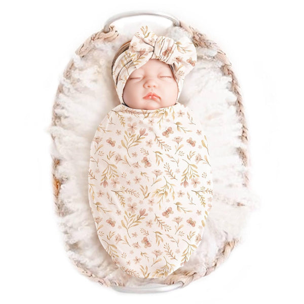 Konssy Baby Girl Newborn Receiving Blanket with Headband Set Baby Swaddle Nursery
