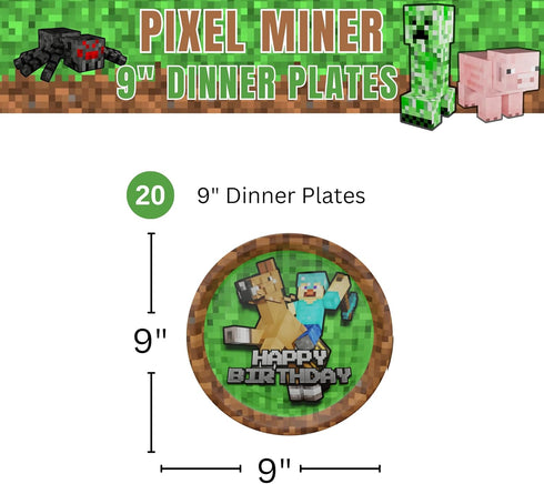 Blue Orchards Pixel Miner Dinner Plates (Pack of 20) - Video Game Party Supplies, Video Game Birthday Decorations, Mining Craft Party, Pixel Miner Party, Video Game Birthday Party