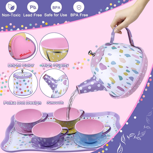 Set Playsets,Dress Set, 3-6 Tea Party for Little Girls,PRE-WORLD Princess Tea Time Toy with Food Sweet Treats Up